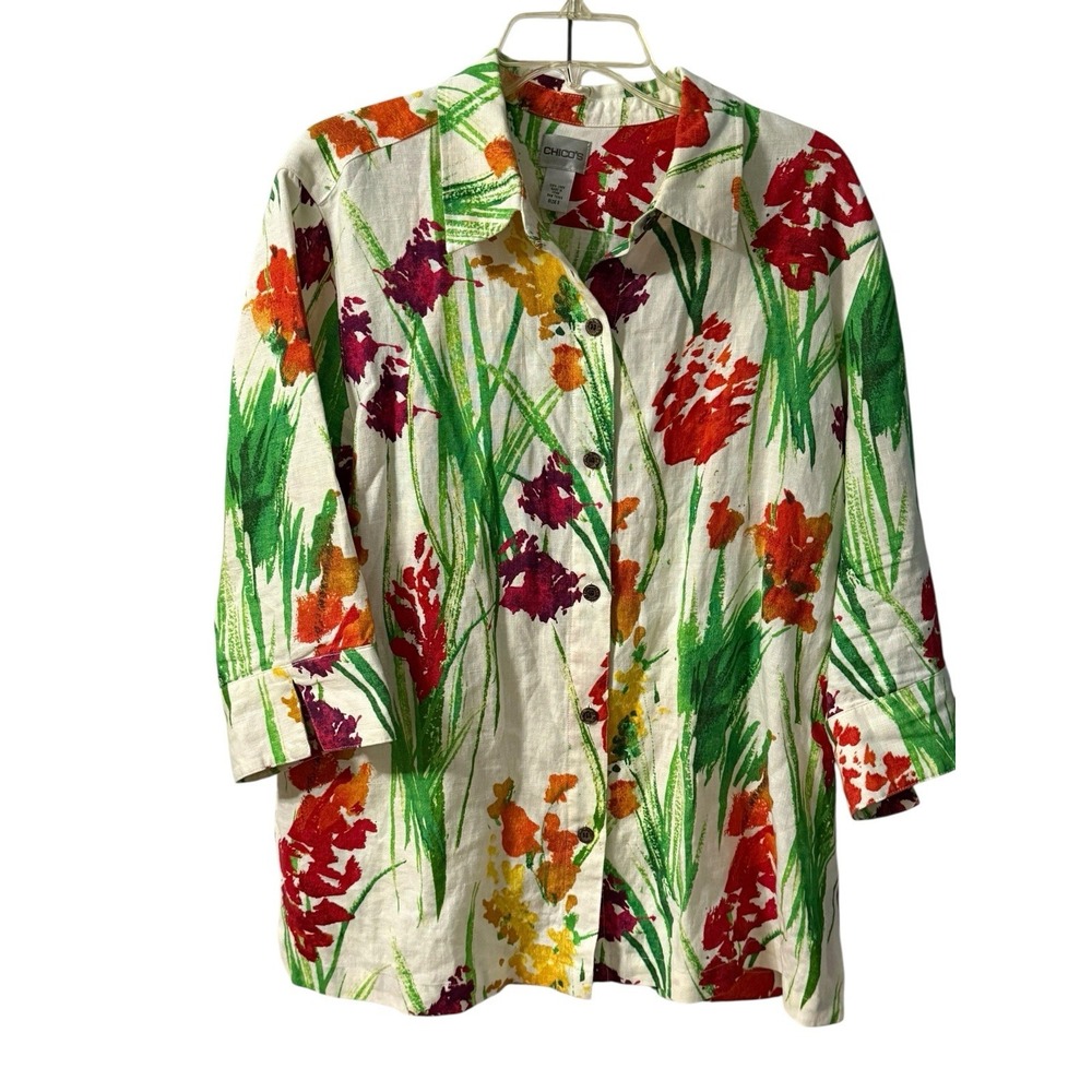 Chico's Linen Abstract Floral Art Print Button Down Shirt Topper Plus Size 3‎